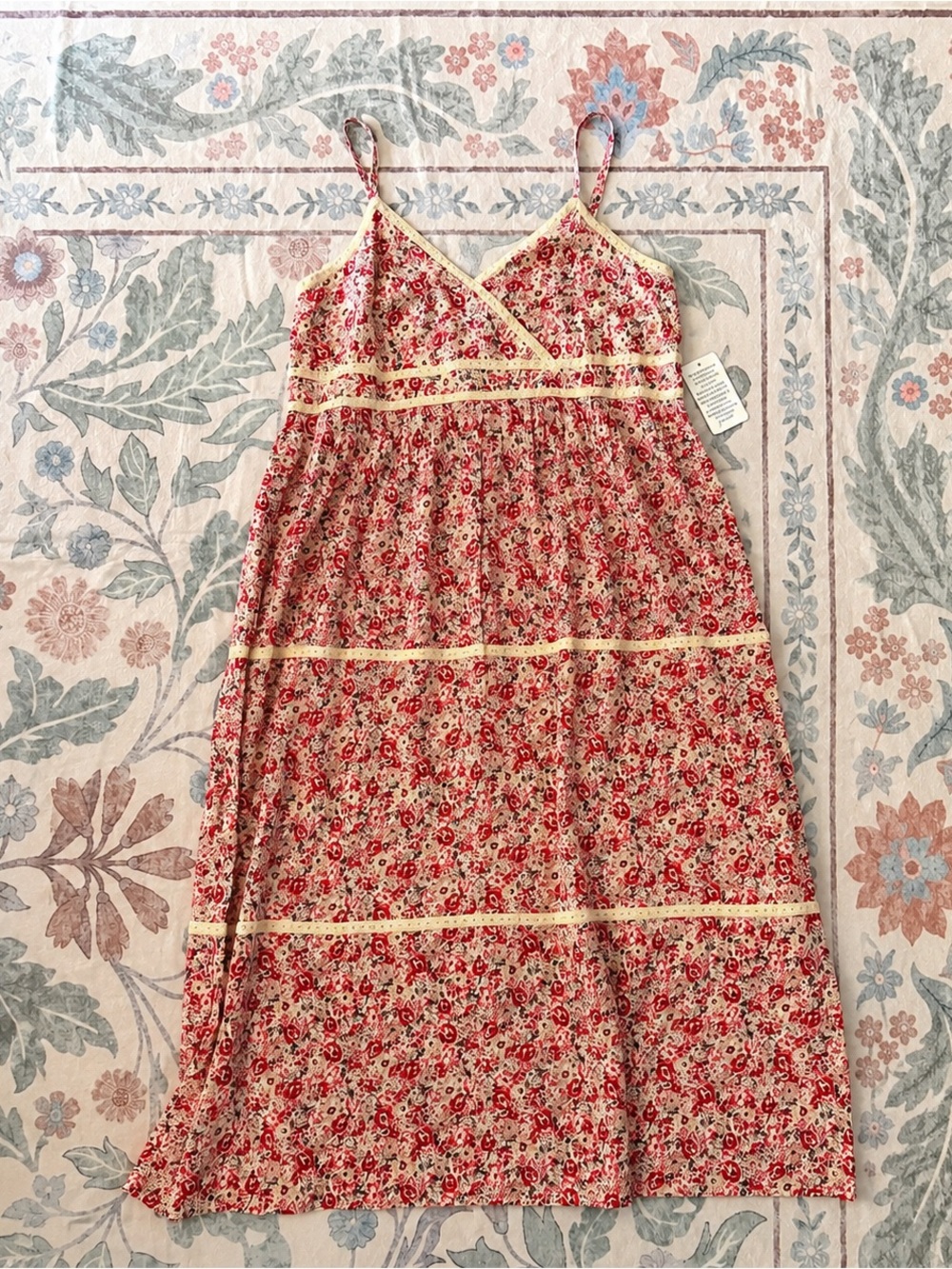 Spaghetti-Strap Floral Maxi Dress in Cream and Red